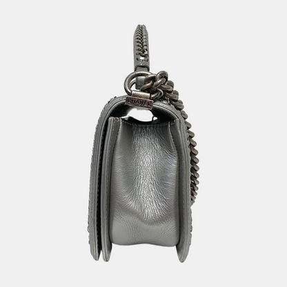 CHANEL BOY CHANEL Medium Silver Calfskin Quilted Shoulder Bag Crossbody Handbag Palladium Hardware 23 Clasp-(SKU)-969782038