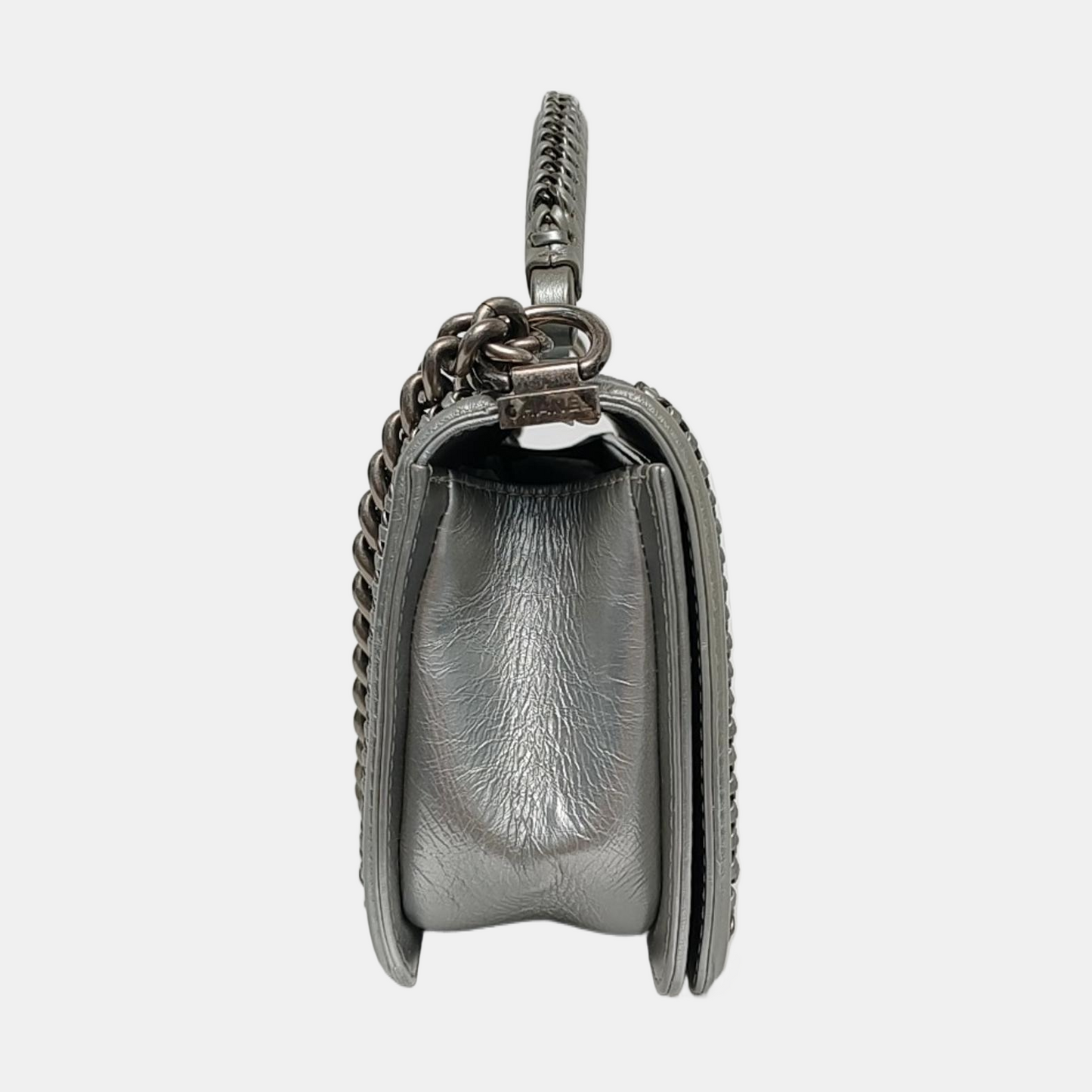 CHANEL BOY CHANEL Medium Silver Calfskin Quilted Shoulder Bag Crossbody Handbag Palladium Hardware 23 Clasp-(SKU)-969782038