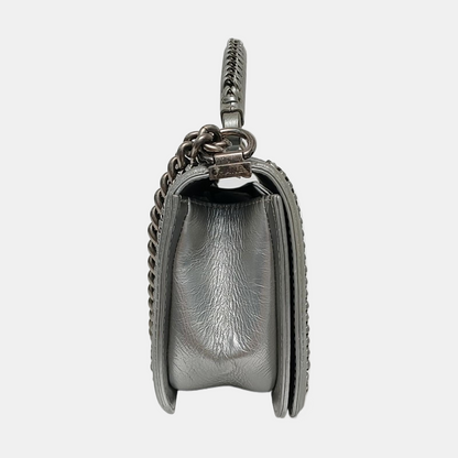 CHANEL BOY CHANEL Medium Silver Calfskin Quilted Shoulder Bag Crossbody Handbag Palladium Hardware 23 Clasp-(SKU)-969782038