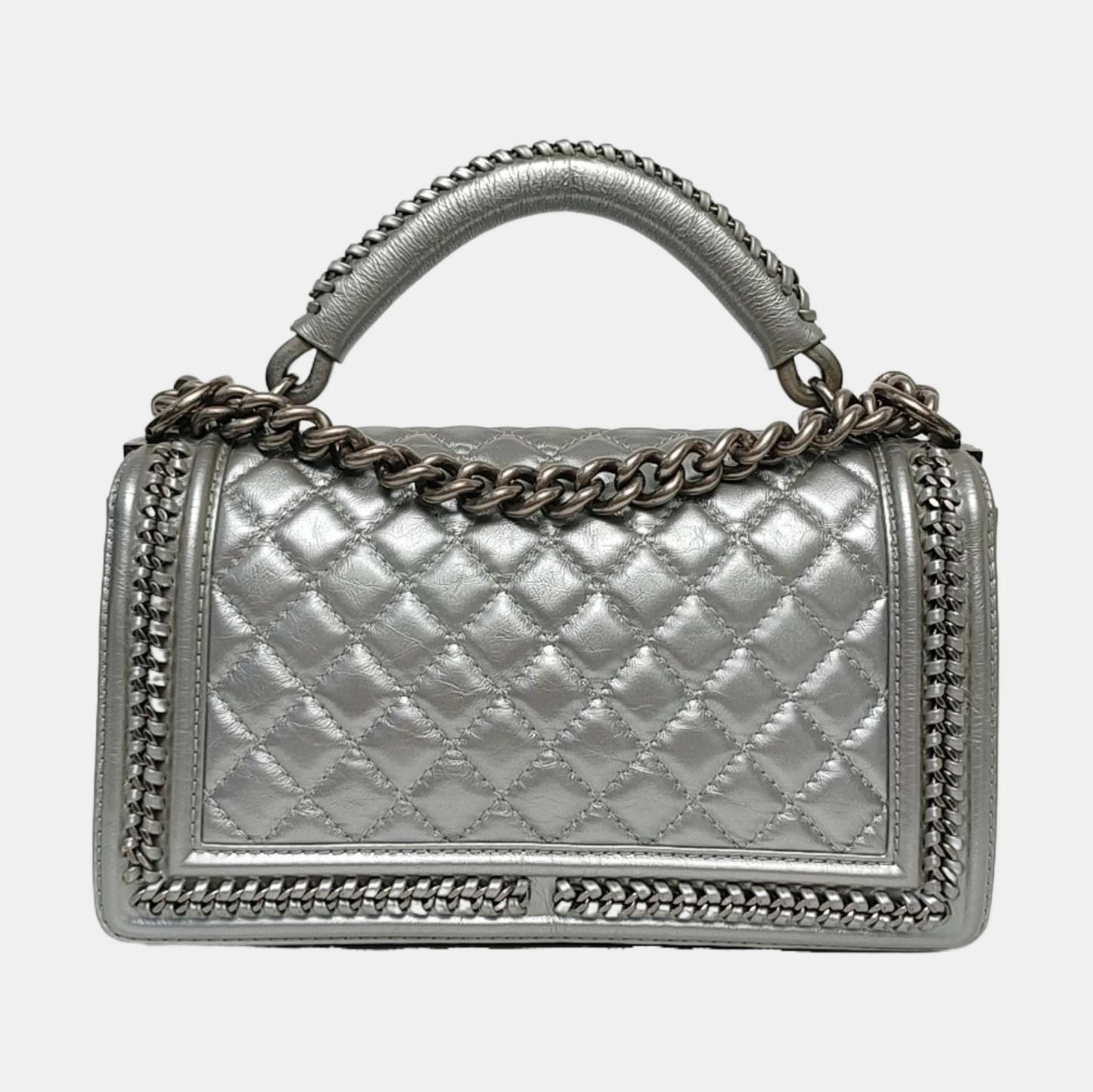CHANEL BOY CHANEL Medium Silver Calfskin Quilted Shoulder Bag Crossbody Handbag Palladium Hardware 23 Clasp-(SKU)-969782038