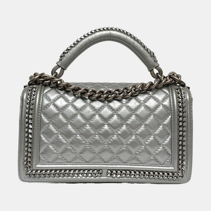CHANEL BOY CHANEL Medium Silver Calfskin Quilted Shoulder Bag Crossbody Handbag Palladium Hardware 23 Clasp-(SKU)-969782038