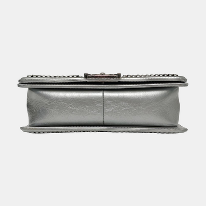 CHANEL BOY CHANEL Medium Silver Calfskin Quilted Shoulder Bag Crossbody Handbag Palladium Hardware 23 Clasp-(SKU)-969782038