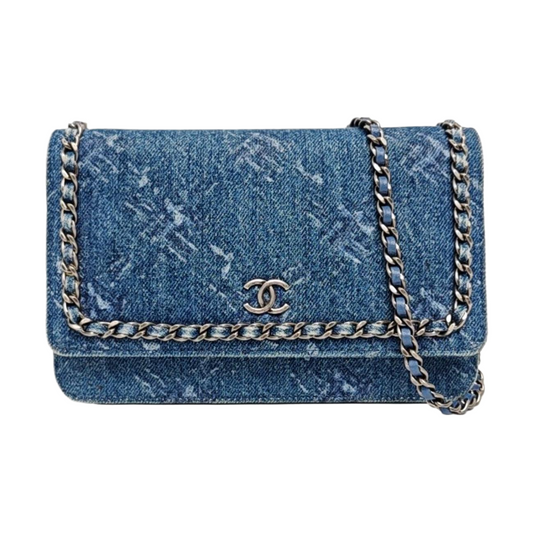 CHANEL WOC Mini Blue Denim Quilted Shoulder Bag with Detachable Strap, Silver Hardware, 28 Compartments-(SKU)-969867526