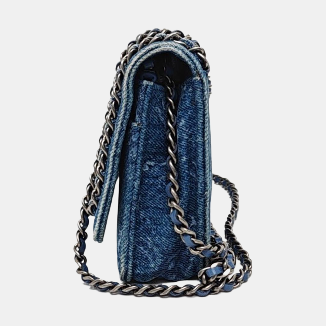 CHANEL WOC Mini Blue Denim Quilted Shoulder Bag with Detachable Strap, Silver Hardware, 28 Compartments-(SKU)-969867526