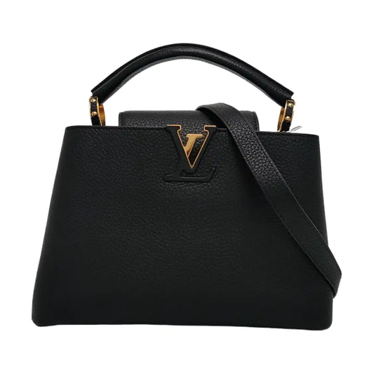 LOUIS VUITTON CAPUCINES BB Black Calfskin Tote Bag Crossbody Shoulder Bag Gold Hardware Removable Strap-(SKU)-969885265