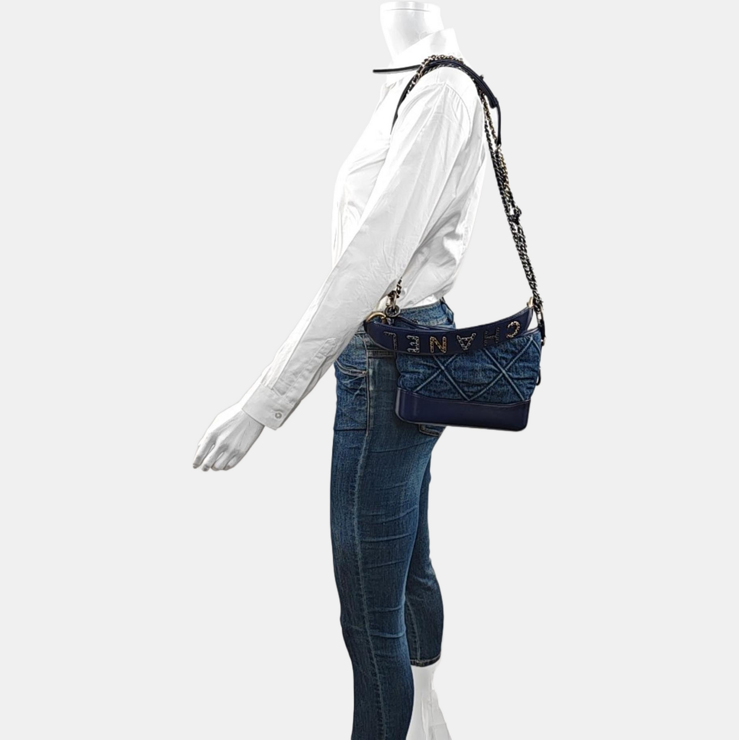 CHANEL GABRIELLE Small Deep Blue Denim Quilted Stitched Crossbody Shoulder Bag Gold and Silver Hardware 29 Opening Detachable Strap-(SKU)-970038091