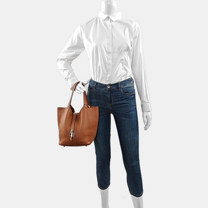 HERMÈS Picotin Lock 22 Cognac Brown Clemence Leather Market Basket Tote Bag with Silver Hardware X-(SKU)-969778968