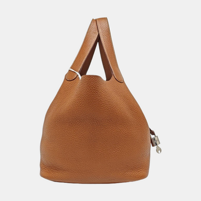 HERMÈS Picotin Lock 22 Cognac Brown Clemence Leather Market Basket Tote Bag with Silver Hardware X-(SKU)-969778968