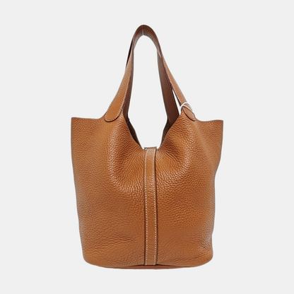 HERMÈS Picotin Lock 22 Cognac Brown Clemence Leather Market Basket Tote Bag with Silver Hardware X-(SKU)-969778968