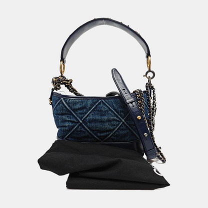 CHANEL GABRIELLE Small Deep Blue Denim Quilted Stitched Crossbody Shoulder Bag Gold and Silver Hardware 29 Opening Detachable Strap-(SKU)-970038091
