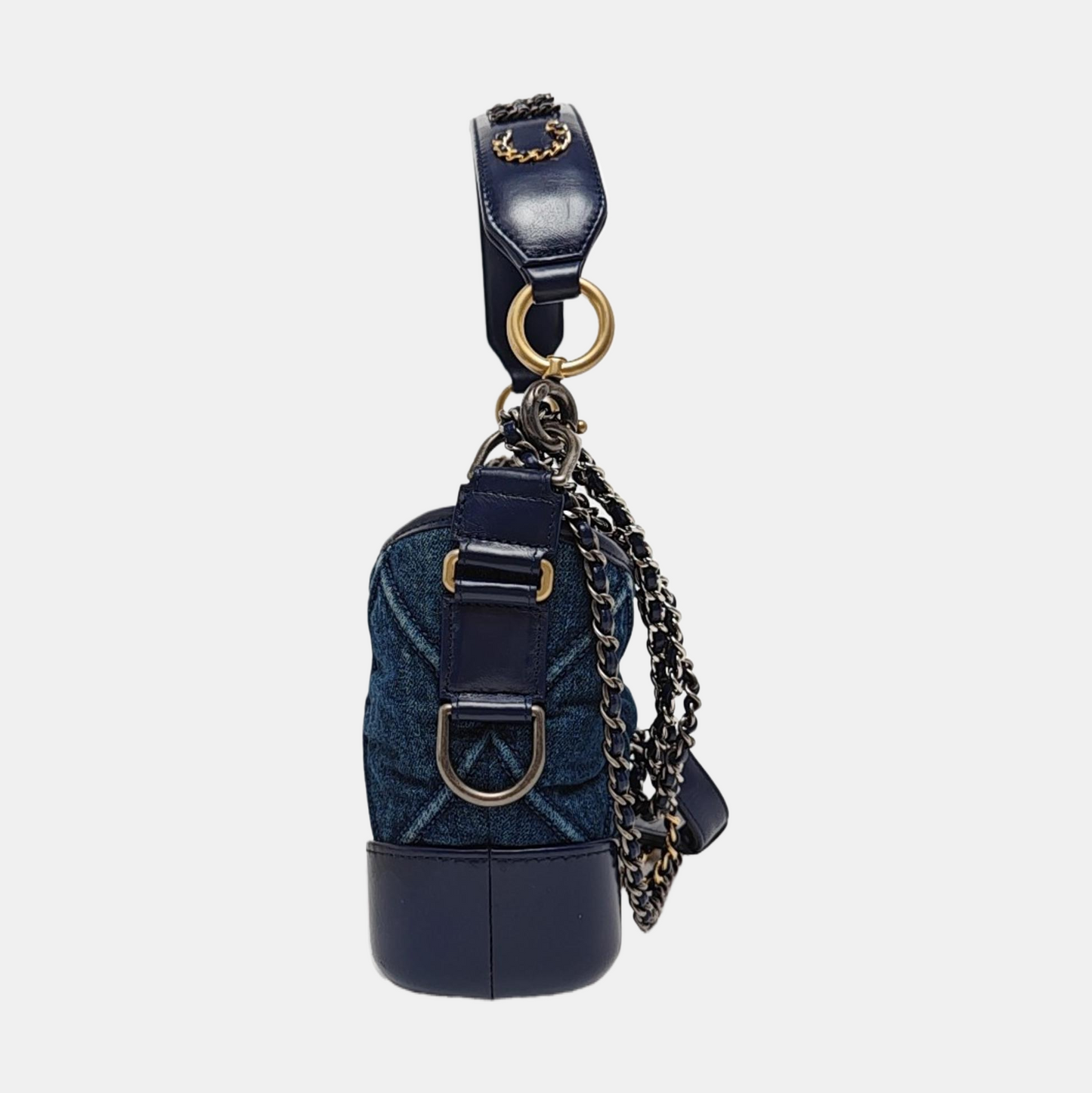 CHANEL GABRIELLE Small Deep Blue Denim Quilted Stitched Crossbody Shoulder Bag Gold and Silver Hardware 29 Opening Detachable Strap-(SKU)-970038091