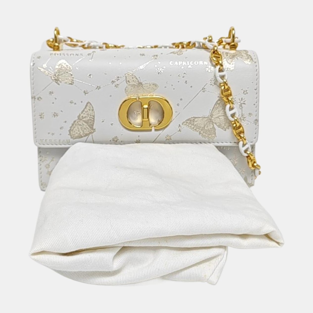 DIOR Miss Caro Mini White Leather Printed Crossbody Bag Single Shoulder Bag Golden White Hardware Removable Shoulder Strap-(SKU)-969767910
