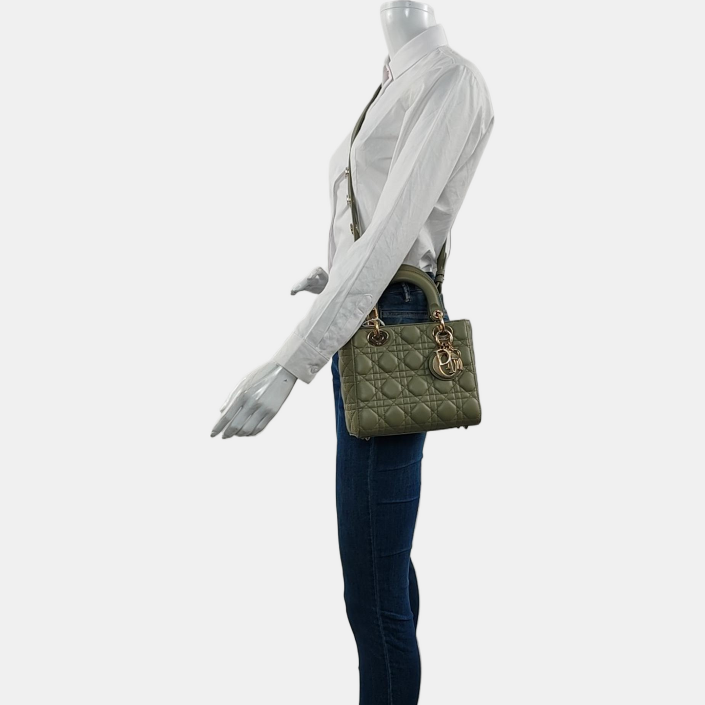 DIOR Lady Dior Small Green Lamb Skin Quilted Cannage Four-Gusset Shoulder Bag with Golden Hardware and Detachable Strap-(SKU)-970118154