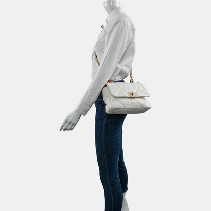 CHANEL CHANEL 19 Small White Lamb Skin Quilted Shoulder Bag Crossbody with Gold, Silver and Ruthenium Hardware 30 Clasp-(SKU)-969981633