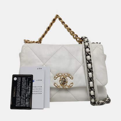 CHANEL CHANEL 19 Small White Lamb Skin Quilted Shoulder Bag Crossbody with Gold, Silver and Ruthenium Hardware 30 Clasp-(SKU)-969981633