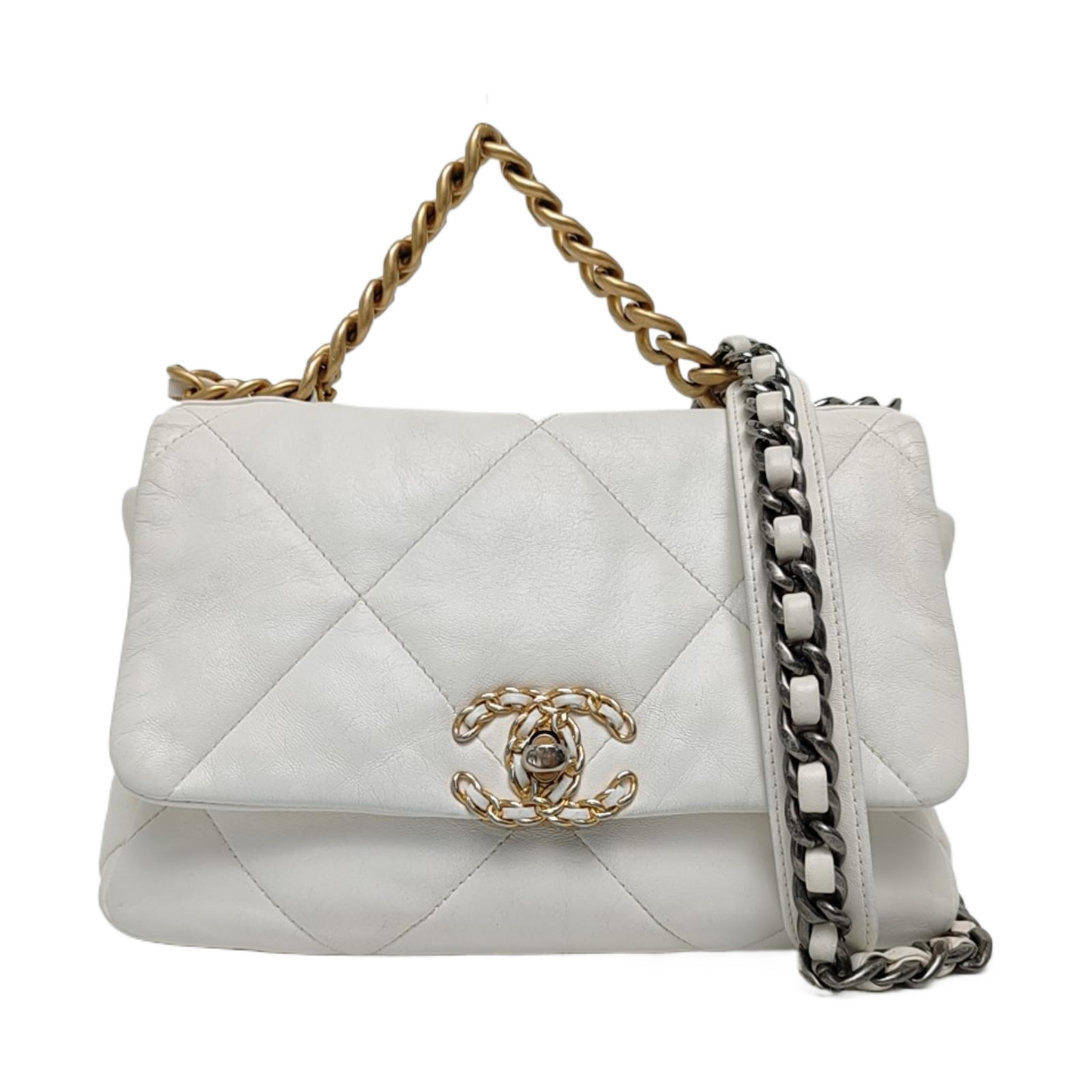 CHANEL CHANEL 19 Small White Lamb Skin Quilted Shoulder Bag Crossbody with Gold, Silver and Ruthenium Hardware 30 Clasp-(SKU)-969981633