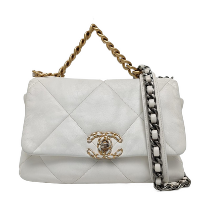 CHANEL CHANEL 19 Small White Lamb Skin Quilted Shoulder Bag Crossbody with Gold, Silver and Ruthenium Hardware 30 Clasp-(SKU)-969981633