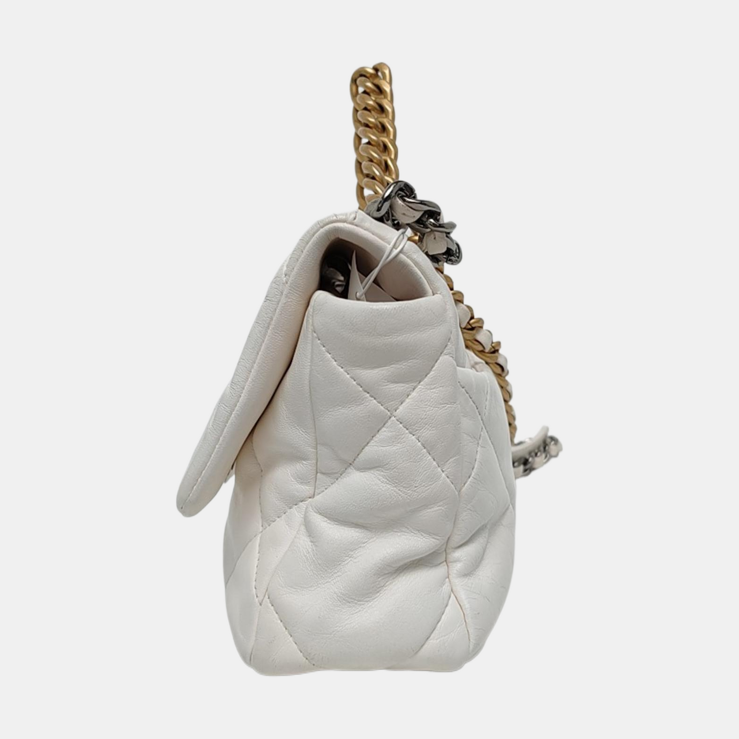 CHANEL CHANEL 19 Small White Lamb Skin Quilted Shoulder Bag Crossbody with Gold, Silver and Ruthenium Hardware 30 Clasp-(SKU)-969981633