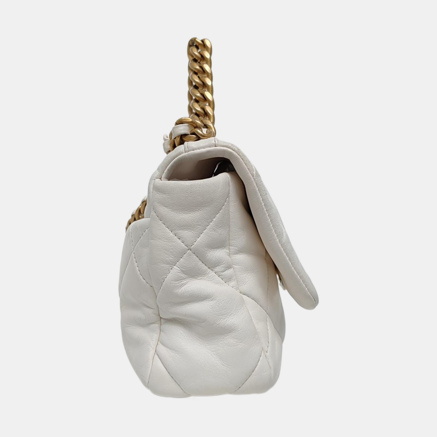 CHANEL CHANEL 19 Small White Lamb Skin Quilted Shoulder Bag Crossbody with Gold, Silver and Ruthenium Hardware 30 Clasp-(SKU)-969981633