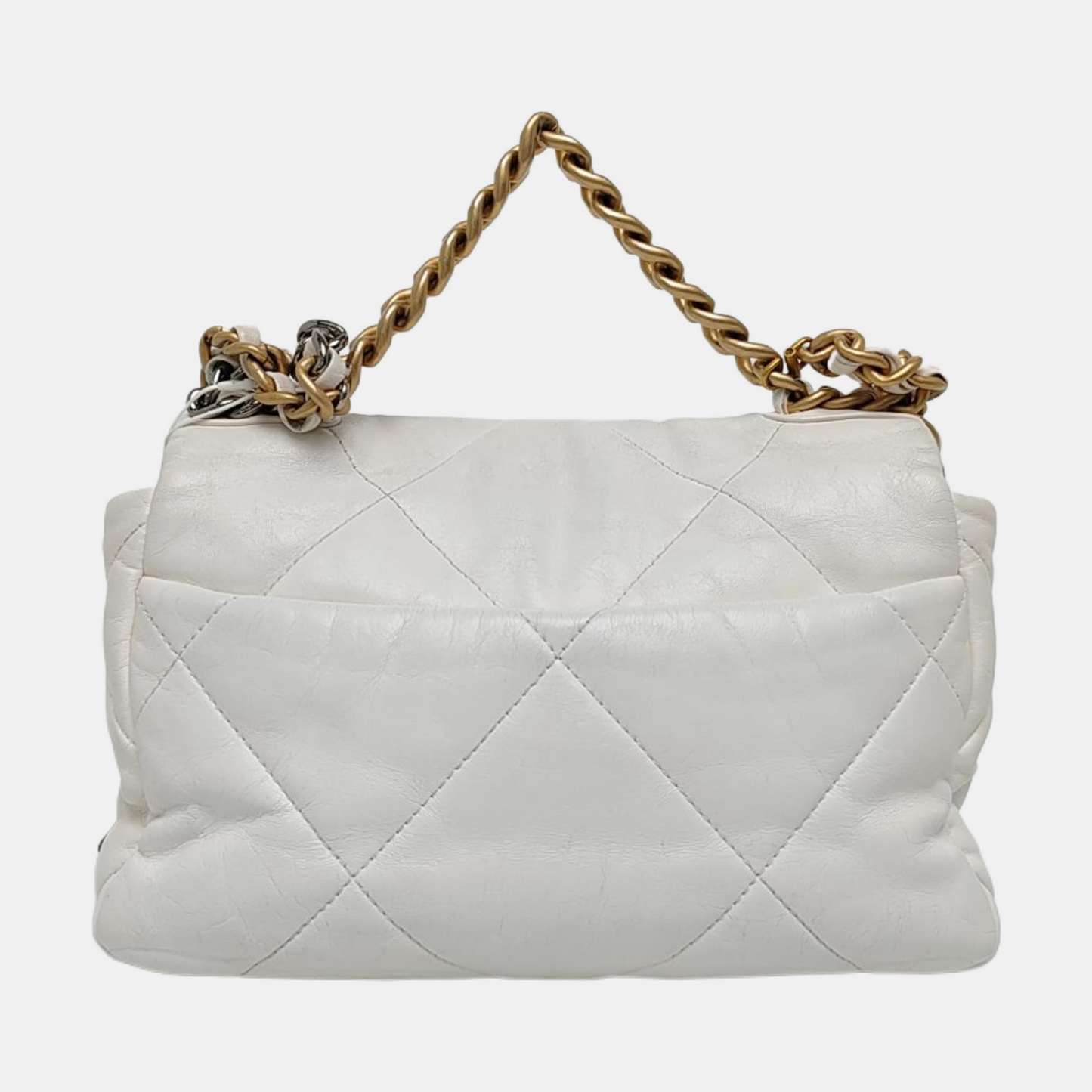 CHANEL CHANEL 19 Small White Lamb Skin Quilted Shoulder Bag Crossbody with Gold, Silver and Ruthenium Hardware 30 Clasp-(SKU)-969981633