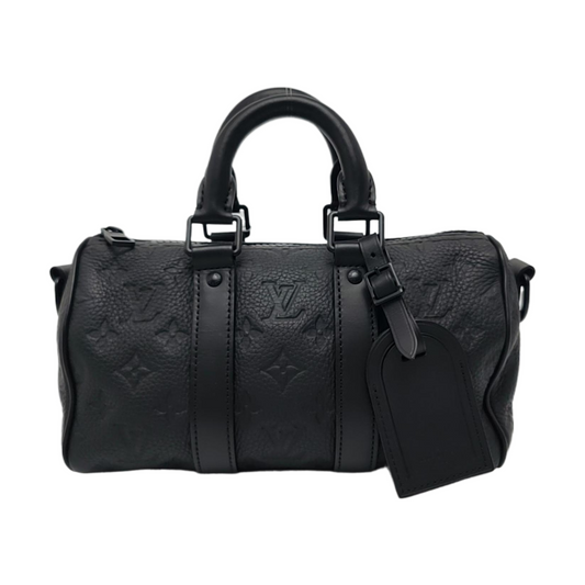 LOUIS VUITTON KEEPALL 25 Black Leather Monogram Damier Ebene Black Single Shoulder Bag Tote Bag Crossbody Bag with Black Hardware and Detachable Shoulder Strap-(SKU)-970163847