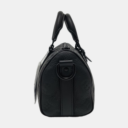 LOUIS VUITTON KEEPALL 25 Black Leather Monogram Damier Ebene Black Single Shoulder Bag Tote Bag Crossbody Bag with Black Hardware and Detachable Shoulder Strap-(SKU)-970163847