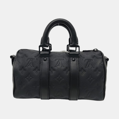 LOUIS VUITTON KEEPALL 25 Black Leather Monogram Damier Ebene Black Single Shoulder Bag Tote Bag Crossbody Bag with Black Hardware and Detachable Shoulder Strap-(SKU)-970163847