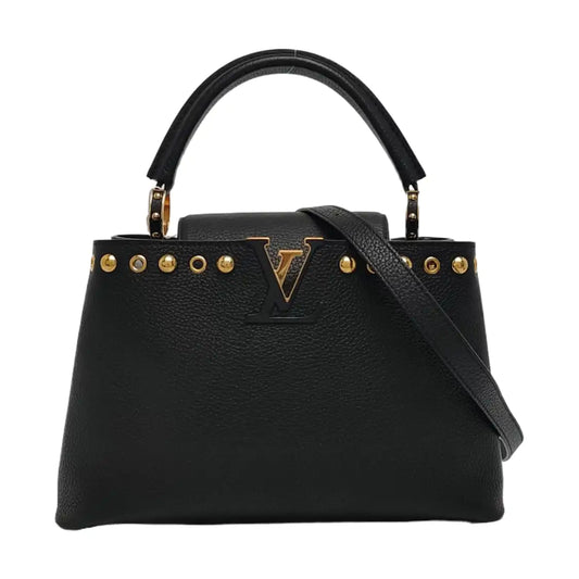 LOUIS VUITTON CAPUCINES Medium Black Calfskin Studs Shoulder Bag Tote Crossbody Bag Gold Hardware Removable Shoulder Strap-(SKU)-970294720