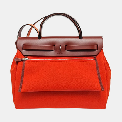 HERMÈS Herbag 31 Lotus Flower/Orange Red Canvas Single Shoulder Bag Handbag Silver Hardware Z Pockets Removable Strap-(SKU)-970002442