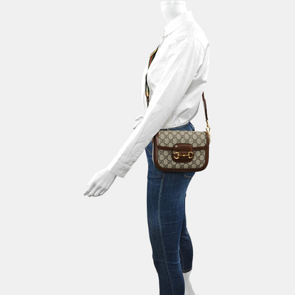 GUCCI Horsebit 1955 Mini Khaki Coated Canvas Shoulder Bag with Horsebit Detail, Gold Hardware, 2 Detachable Shoulder Straps, Complete Accessories-(SKU)-970201463