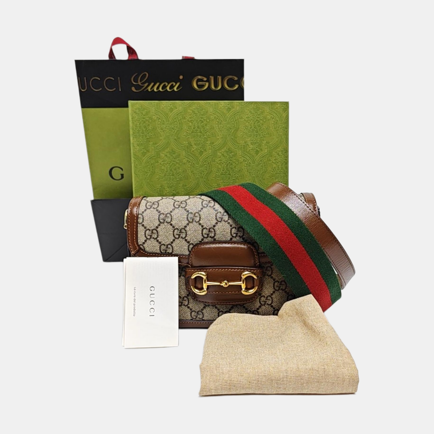 GUCCI Horsebit 1955 Mini Khaki Coated Canvas Shoulder Bag with Horsebit Detail, Gold Hardware, 2 Detachable Shoulder Straps, Complete Accessories-(SKU)-970201463