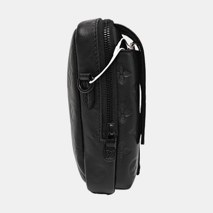 LOUIS VUITTON DOUBLE Black Leather Monogram Camera Bag Crossbody Shoulder Bag Black Hardware Removable Strap-(SKU)-970228770