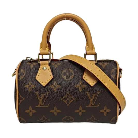 LOUIS VUITTON SPEEDY Nano Brown Coated Canvas Monogram Boston Bag Shoulder Bag Handbag Crossbody Bag Detachable Strap Golden Hardware Complete Accessories-(SKU)-964481901