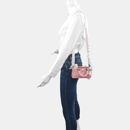 DIOR Lady D-Joy Super Mini Pink Lamb Skin Quilted Matelasse Cannage Bag with Detachable Strap-(SKU)-970314459