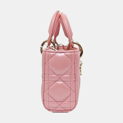 DIOR Lady D-Joy Super Mini Pink Lamb Skin Quilted Matelasse Cannage Bag with Detachable Strap-(SKU)-970314459