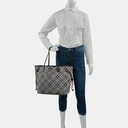 LOUIS VUITTON NEVERFULL Medium Black Fabric Floral Shopping Bag Shoulder Bag Tote Bag Gold Hardware Inner Pocket-(SKU)-970320625