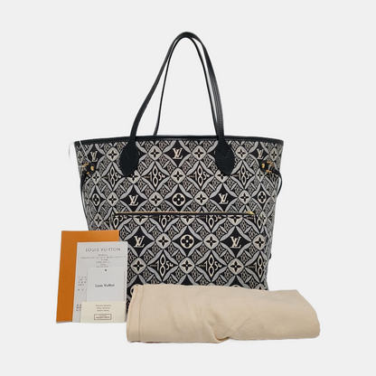LOUIS VUITTON NEVERFULL Medium Black Fabric Floral Shopping Bag Shoulder Bag Tote Bag Gold Hardware Inner Pocket-(SKU)-970320625