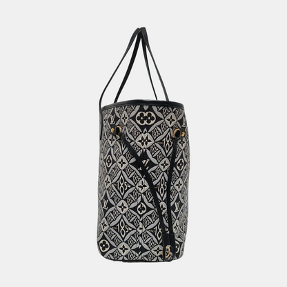 LOUIS VUITTON NEVERFULL Medium Black Fabric Floral Shopping Bag Shoulder Bag Tote Bag Gold Hardware Inner Pocket-(SKU)-970320625