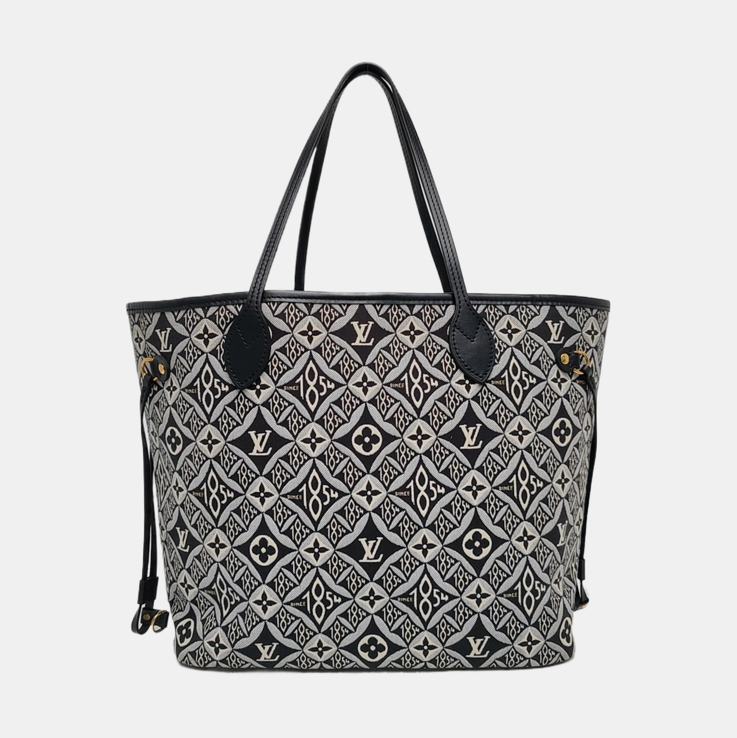 LOUIS VUITTON NEVERFULL Medium Black Fabric Floral Shopping Bag Shoulder Bag Tote Bag Gold Hardware Inner Pocket-(SKU)-970320625