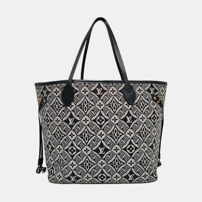 LOUIS VUITTON NEVERFULL Medium Black Fabric Floral Shopping Bag Shoulder Bag Tote Bag Gold Hardware Inner Pocket-(SKU)-970320625