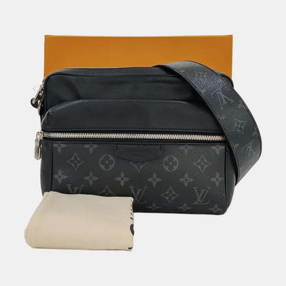 LOUIS VUITTON OUTDOOR Small Black Leather Monogram Messenger Bag Shoulder Bag Crossbody Bag Silver Hardware-(SKU)-970352142