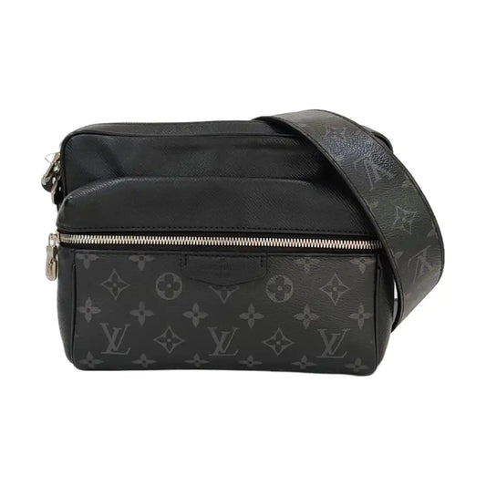 LOUIS VUITTON OUTDOOR Small Black Leather Monogram Messenger Bag Shoulder Bag Crossbody Bag Silver Hardware-(SKU)-970352142