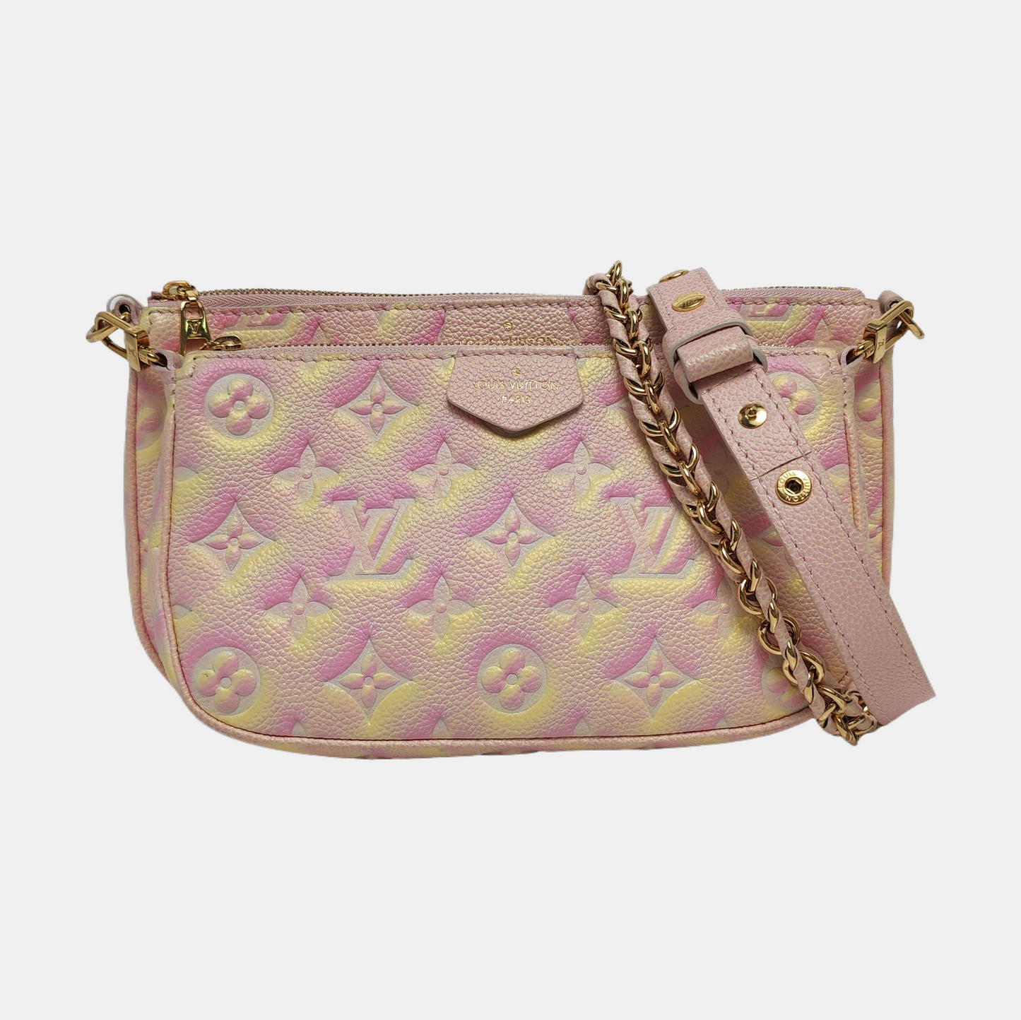 LOUIS VUITTON MULTI Pink Calfskin Monogram Vernis Shoulder Bag Crossbody Bag Gold Hardware Removable Strap 2 Pouches-(SKU)-970130599
