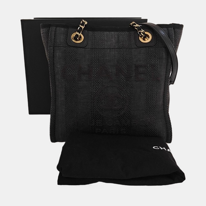 CHANEL DEAUVILLE Black Canvas Single Shoulder Bag Gold Hardware 29 Clasp-(SKU)-970344417
