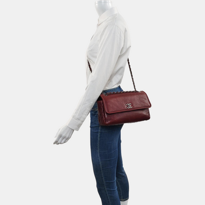CHANEL CLASSIC FLAP Burgundy Calfskin Chain Shoulder Bag Crossbody Bag with Silver Hardware 18 Clasp-(SKU)-970623092