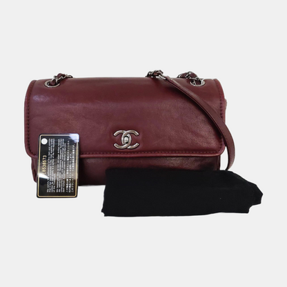 CHANEL CLASSIC FLAP Burgundy Calfskin Chain Shoulder Bag Crossbody Bag with Silver Hardware 18 Clasp-(SKU)-970623092