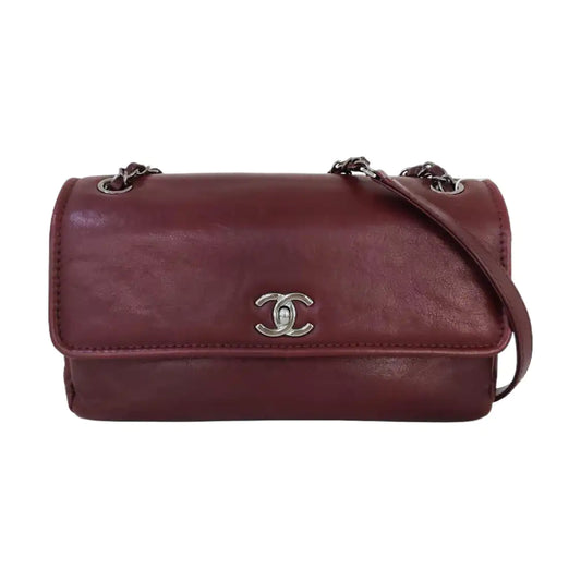 CHANEL CLASSIC FLAP Burgundy Calfskin Chain Shoulder Bag Crossbody Bag with Silver Hardware 18 Clasp-(SKU)-970623092