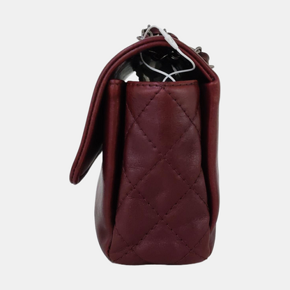 CHANEL CLASSIC FLAP Burgundy Calfskin Chain Shoulder Bag Crossbody Bag with Silver Hardware 18 Clasp-(SKU)-970623092