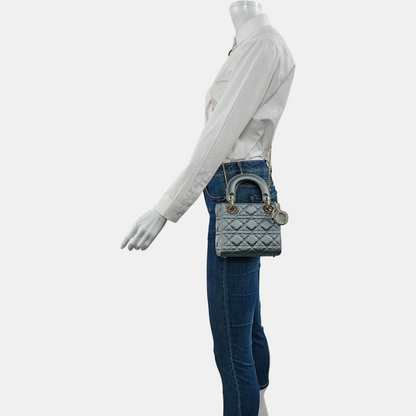 DIOR Lady Dior Mini Blue Satin Cannage Quilted Shoulder Bag Tote Bag Crossbody Bag Golden Hardware Removable Strap-(SKU)-970711343