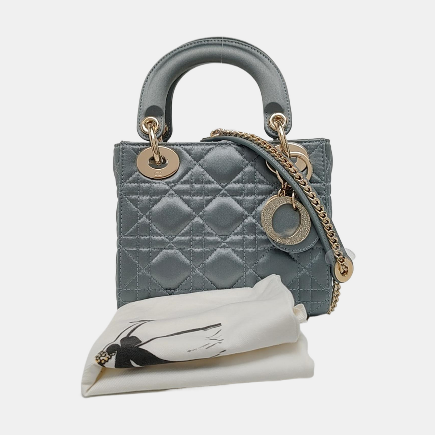 DIOR Lady Dior Mini Blue Satin Cannage Quilted Shoulder Bag Tote Bag Crossbody Bag Golden Hardware Removable Strap-(SKU)-970711343